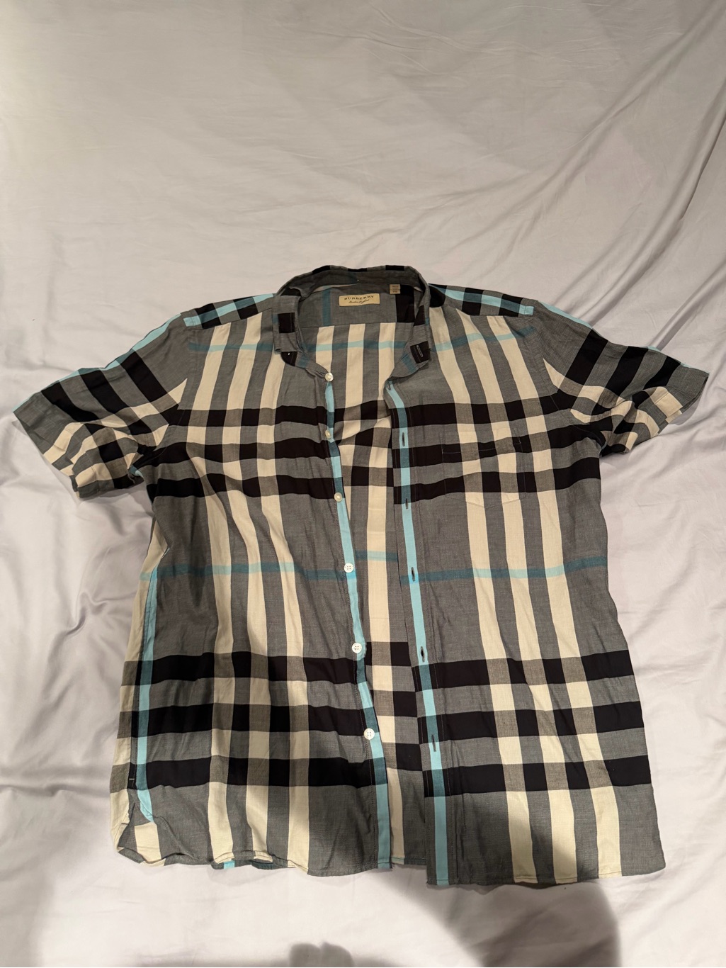 Burberry Plaid Short-Sleeve Button-Down In Black, Cream & Light Blue